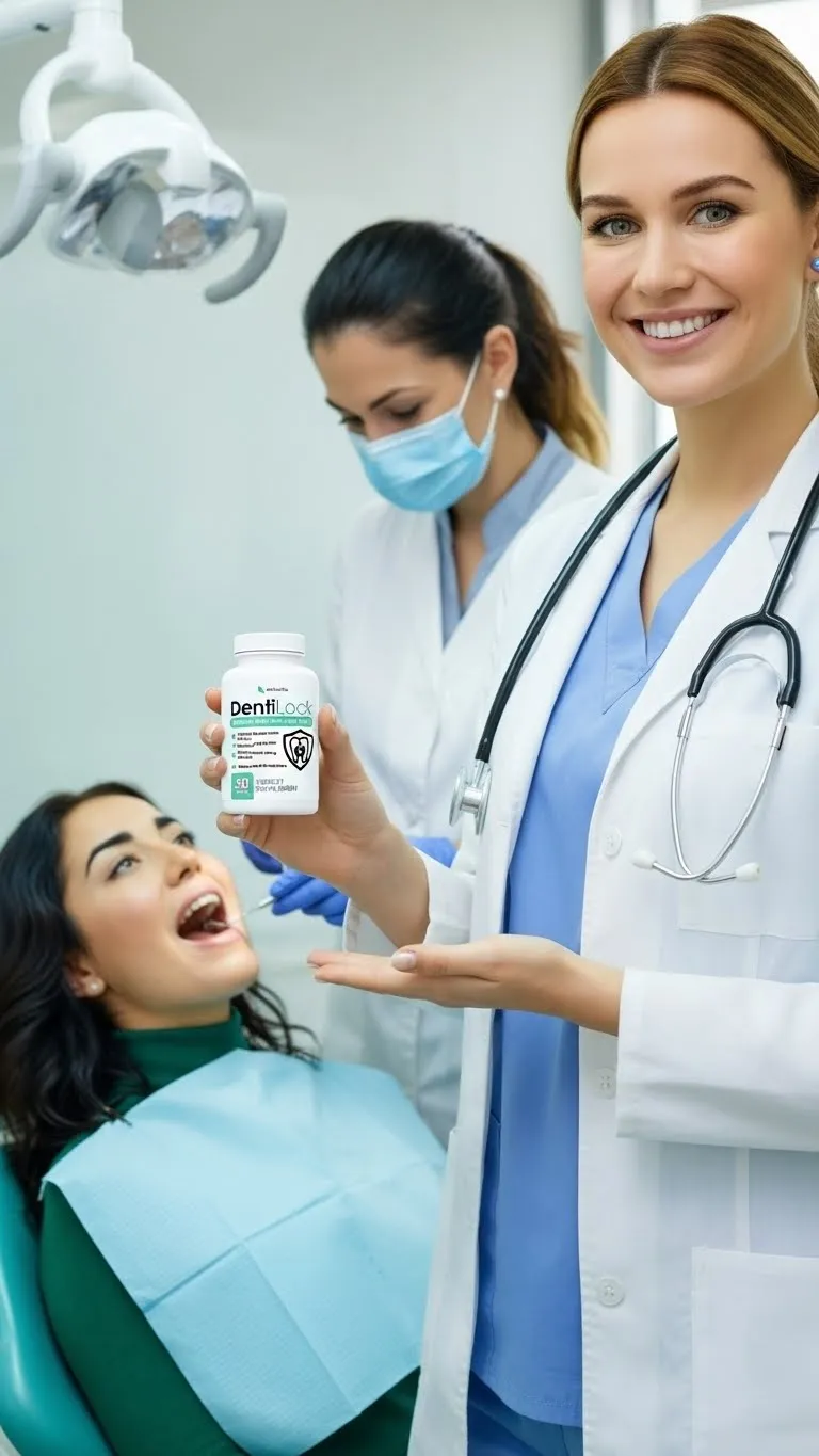   DentiLock - smiling female dentist, dressed in a white coat and stethoscope
