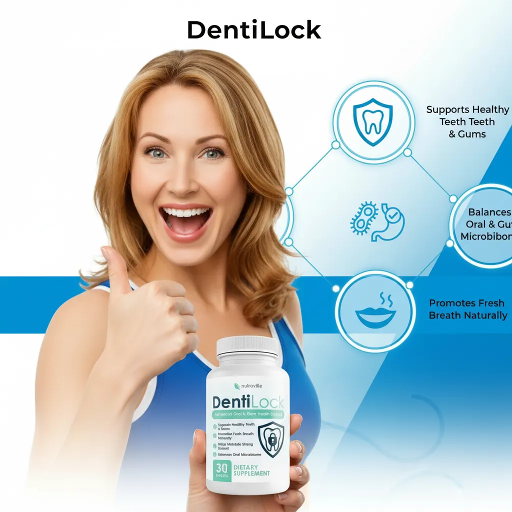 Person giving thumbs up while holding DentiLock oral wellness supplement bottle
